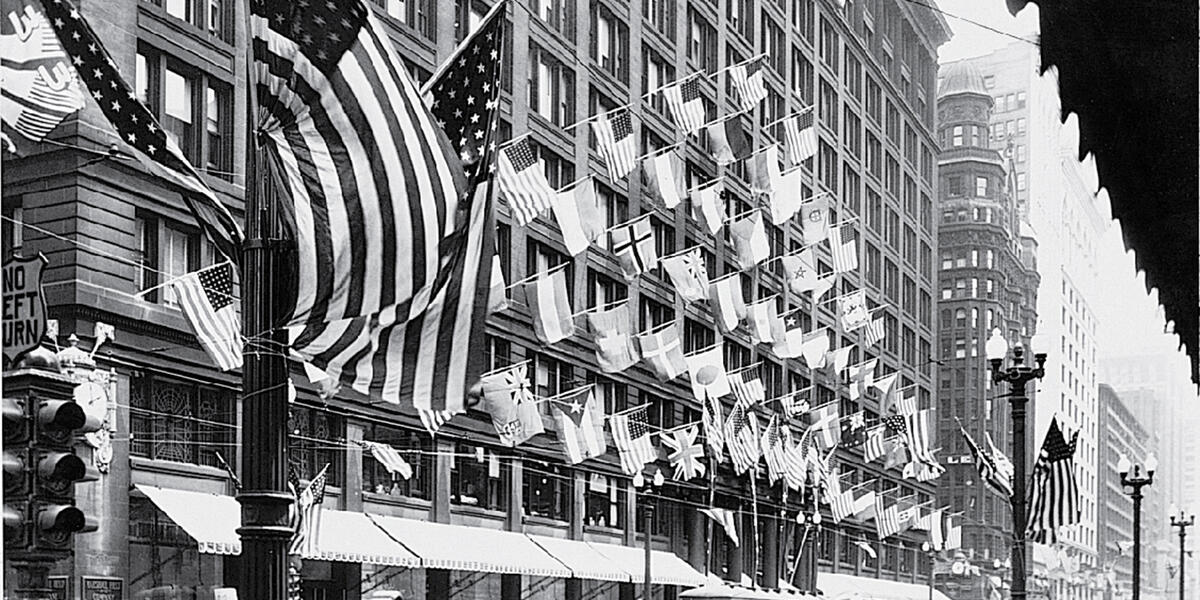 Marshall Field's exterior with flags