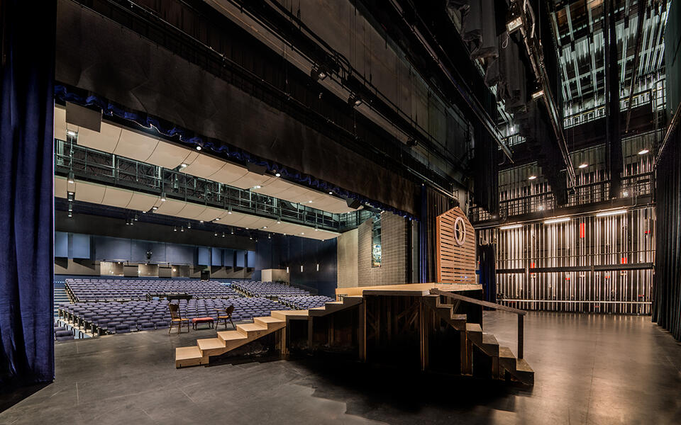 View of Cary Grove Theater from the stage, looking towards the seats.